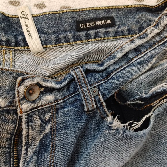 Guess Premium Cliff Cut Boot Blue Jeans Men's 31x30 Super Distressed Slim Fit - Picture 6 of 7